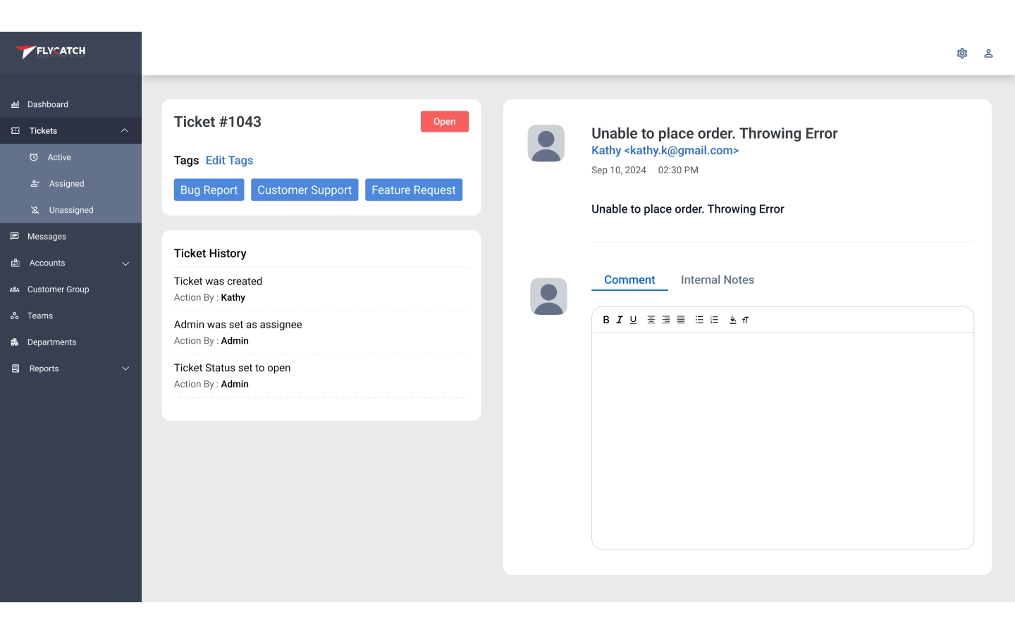 Support ticket detail with tags, history, and a customer comment thread