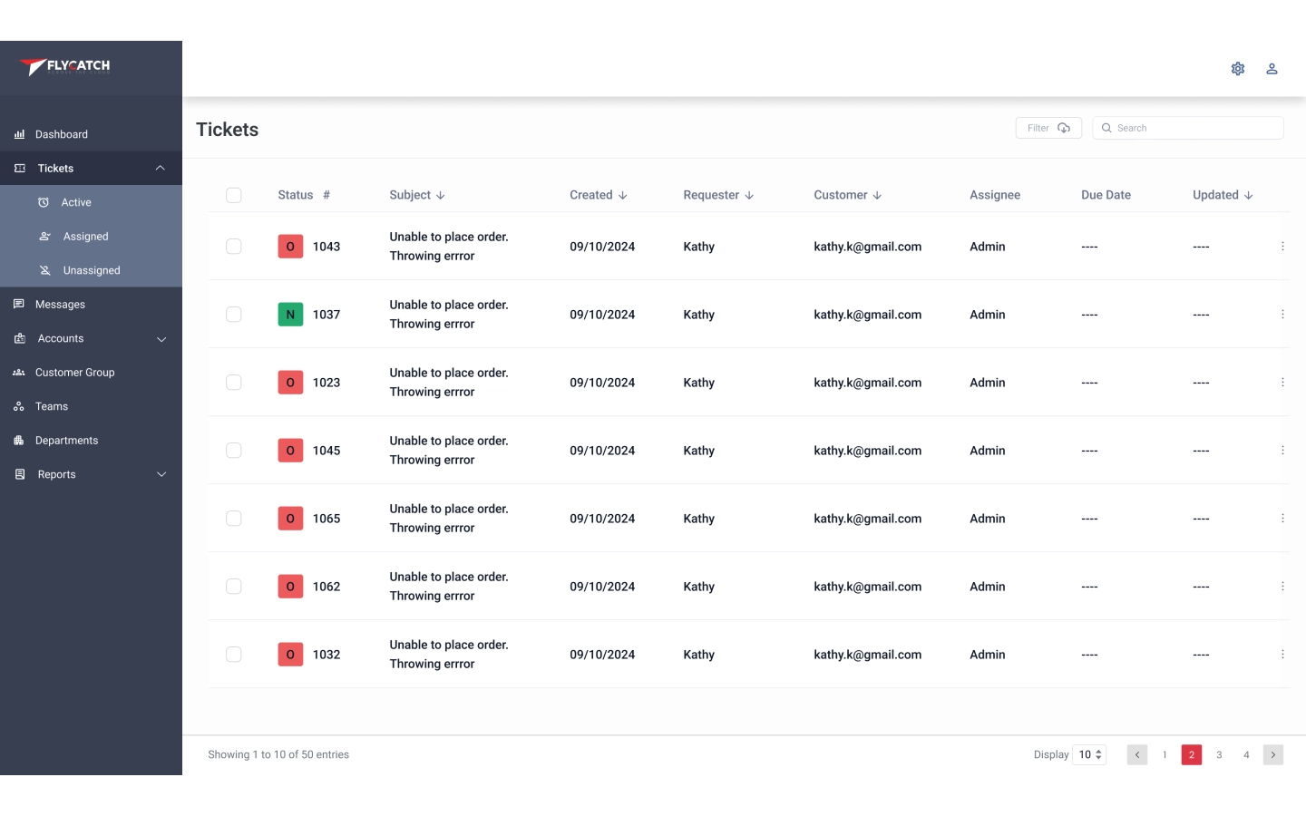 Tickets list showing status, subject, requester, and assignee columns