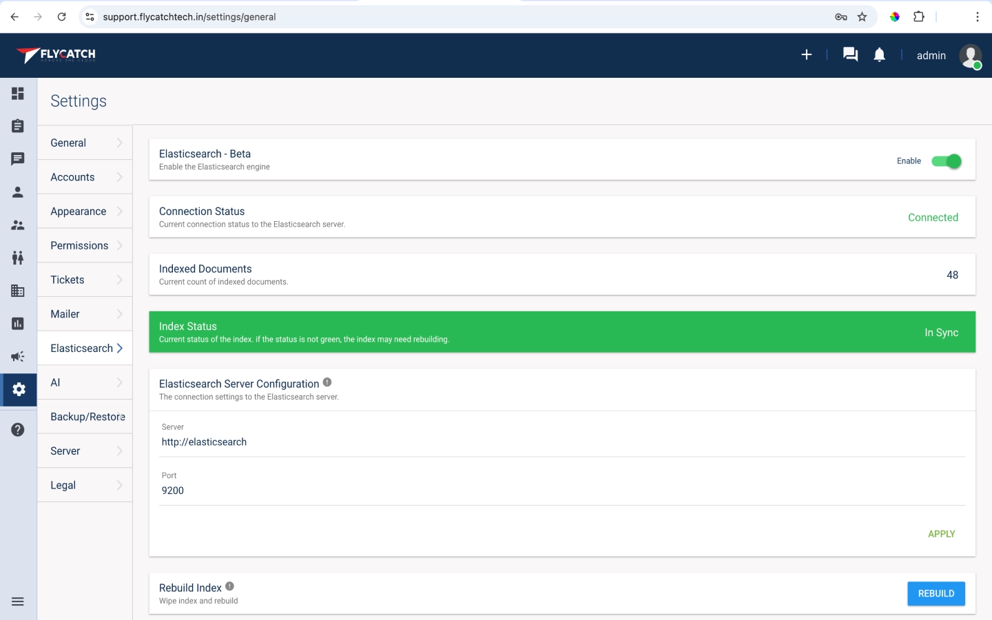 Elasticsearch settings with connection status, indexed documents, and server configuration