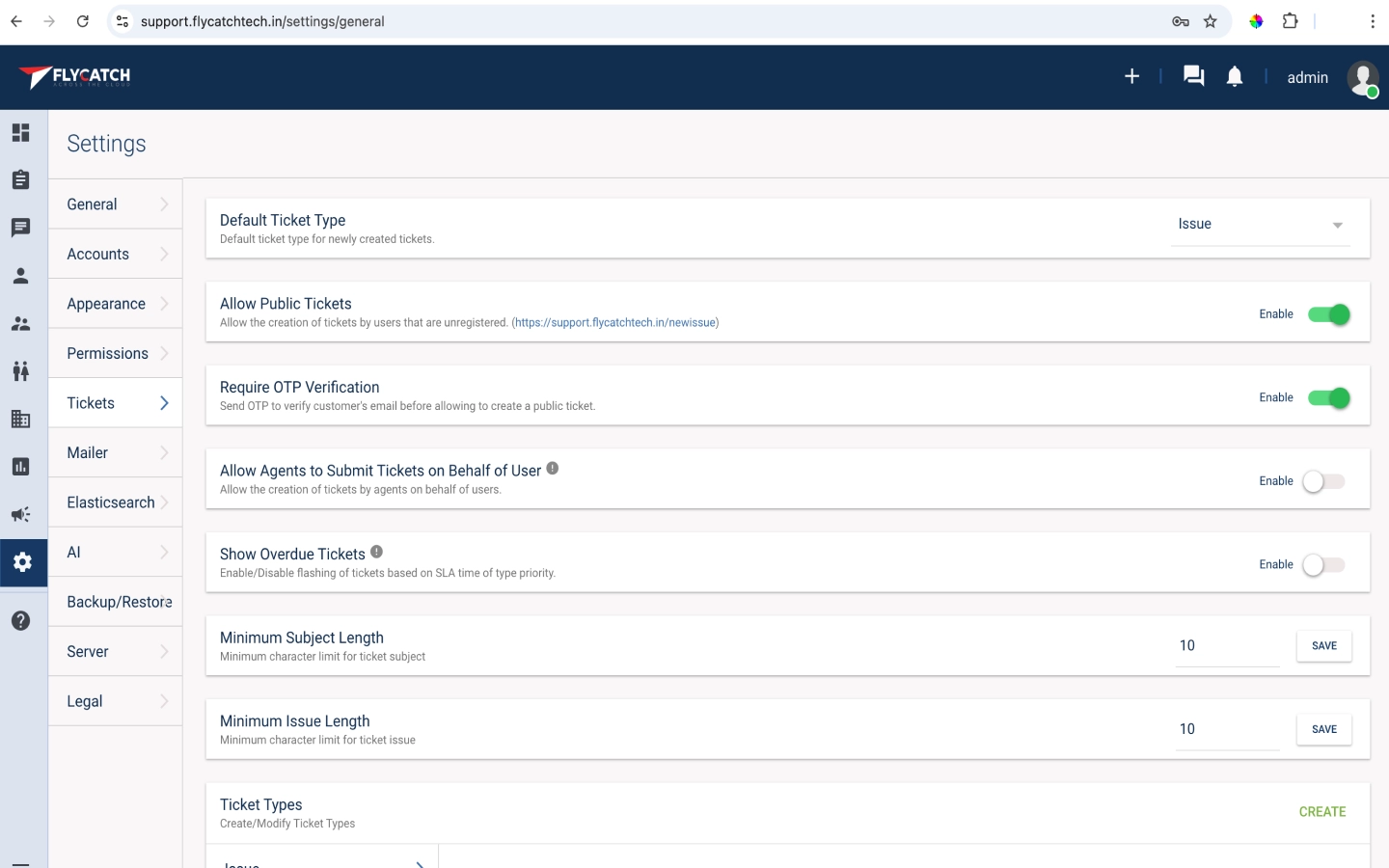 Ticket settings for default type, public tickets, OTP verification, and length limits