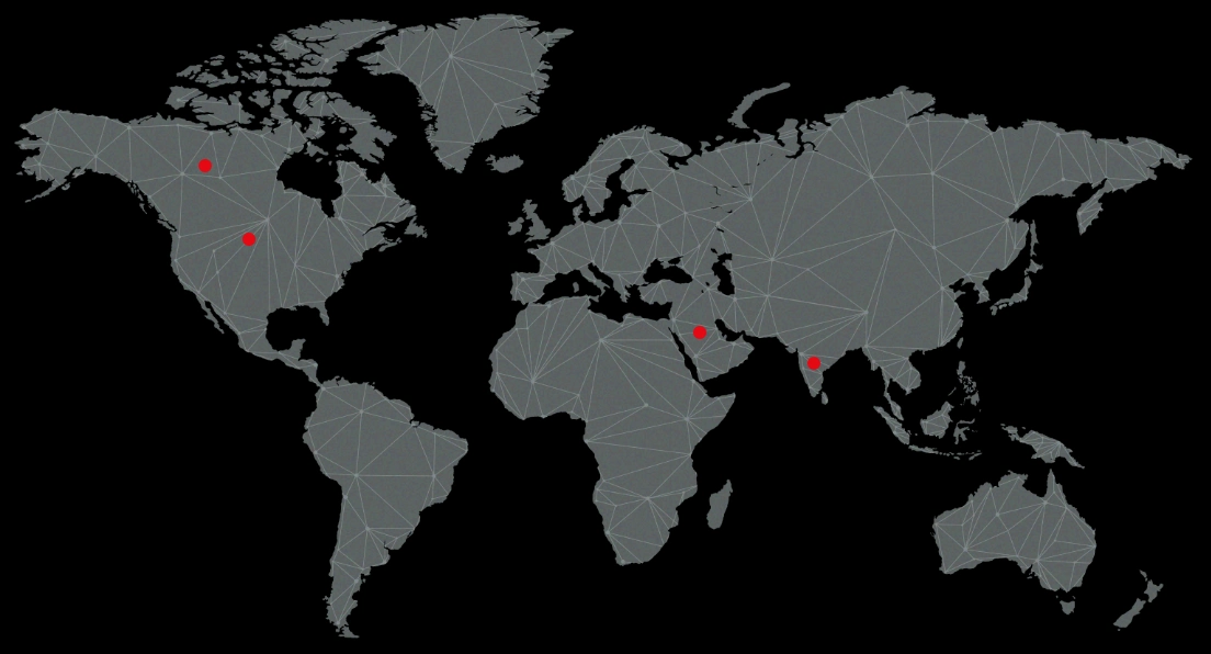 World map showing Flycatch offices in the United States, Saudi Arabia, and India