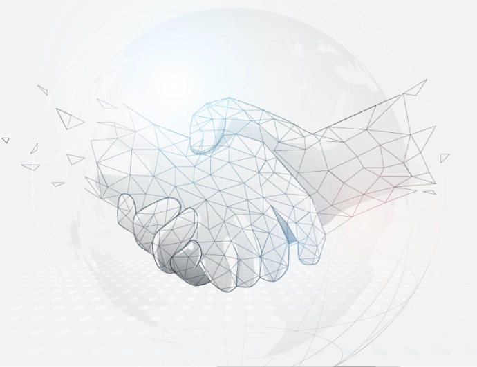 Wireframe handshake in front of a globe, representing global partnership