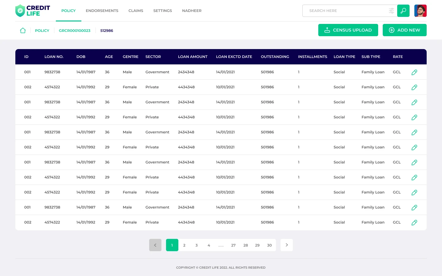 Credit Life screens for managing multiple policies and clients